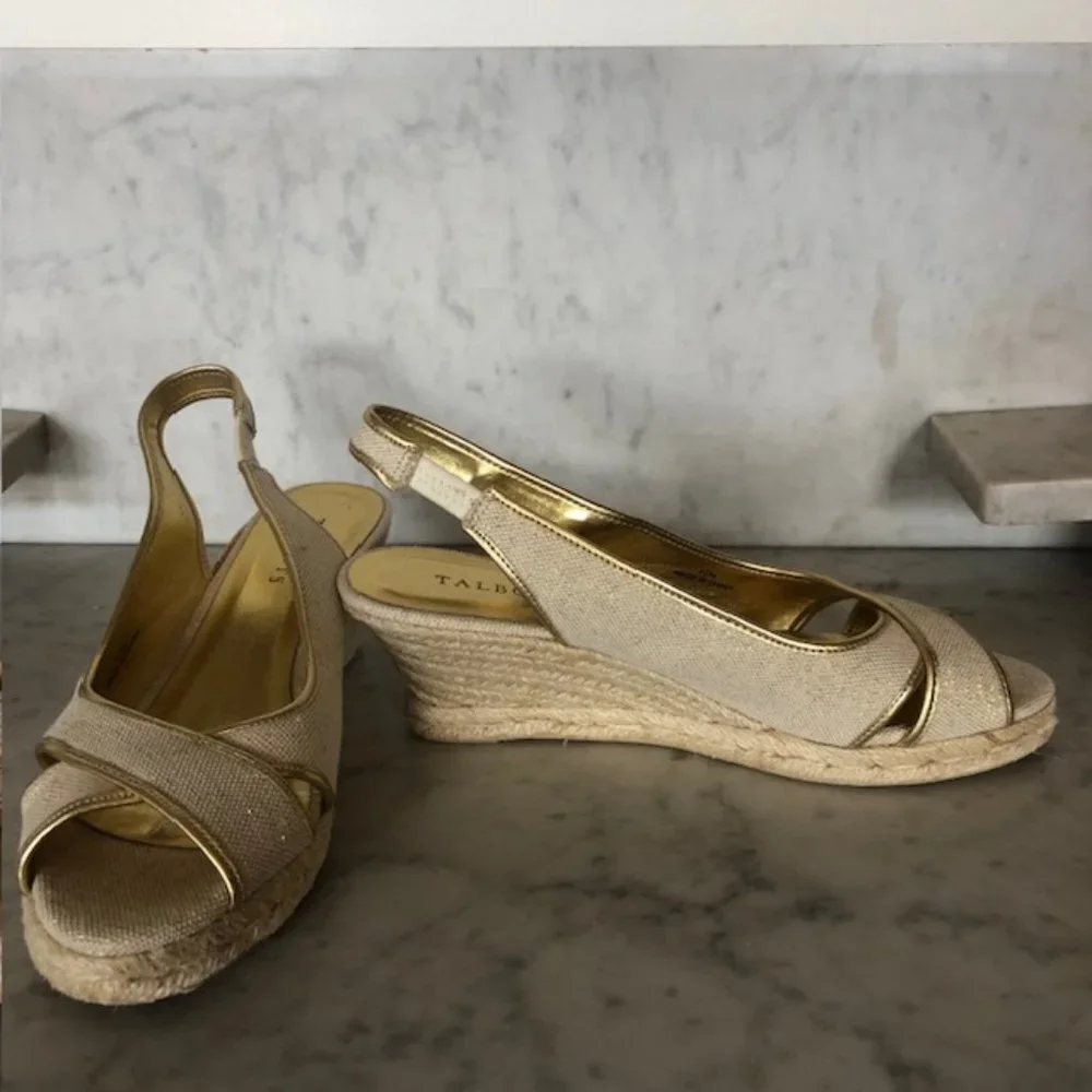 TALBOTS Linen Gold Cross Toe Jute Slingback Wedge Sandals 9 1/2M